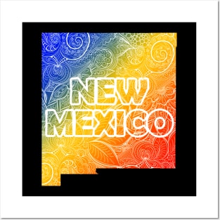 Colorful mandala art map of New Mexico with text in blue, yellow, and red Posters and Art